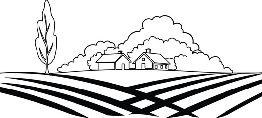 Stylized illustration of a rural landscape with rolling fields and houses under a cloudy sky, evoking a sense of agriculture and countryside living