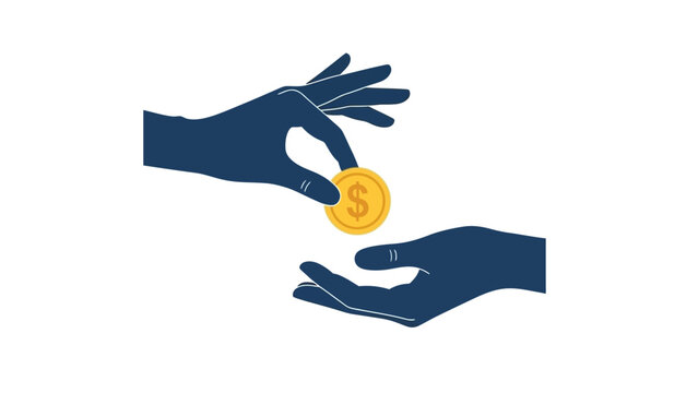 Dynamic illustration of two hands exchanging a golden dollar coin, symbolizing financial transactions, charity, donation, or the concept of giving and receiving monetary assistance and support