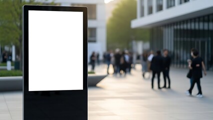 A tall blank display sign stands in the foreground as people walk in the background on a modern sidewalk outside a large building