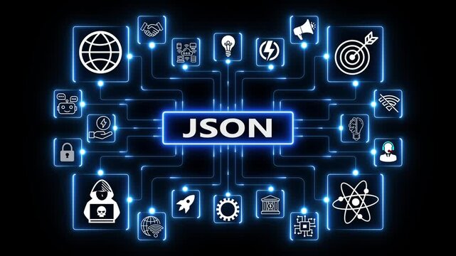 Futuristic JSON data format concept with glowing blue interface elements showcasing user, target, growth, speaker, settings and idea icons on black background