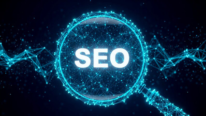 Abstract digital illustration of a magnifying glass focusing on the glowing acronym seo surrounded by a blue