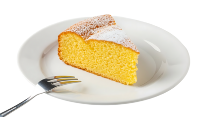 A slice of cake on a white plate with a fork on a transparent background