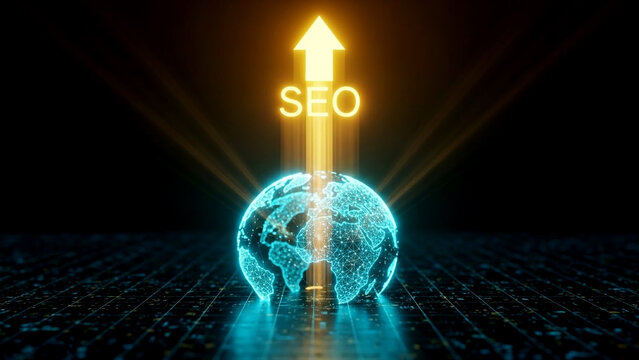 Global digital network connection with glowing seo arrow pointing upwards signifying growth and success in online - Powered by Adobe