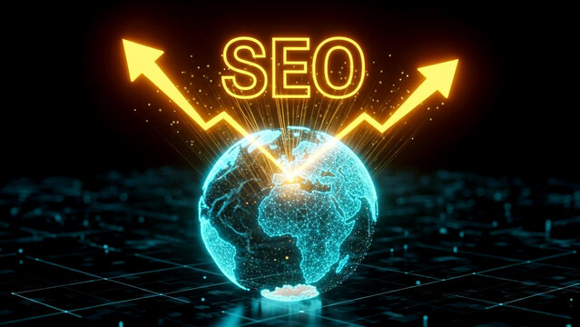 Digital glowing earth globe with neon seo text and upward trending arrows symbolizing global business growth - Powered by Adobe