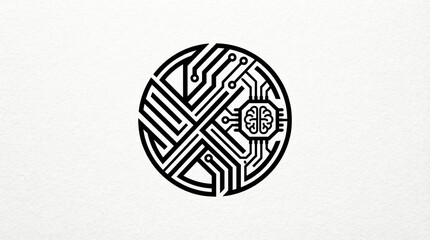 Circular artificial intelligence icon with brain and circuit board patterns