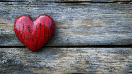 Fototapeta premium A red heart sits on a weathered wooden surface, evoking feelings of love and nostalgia.