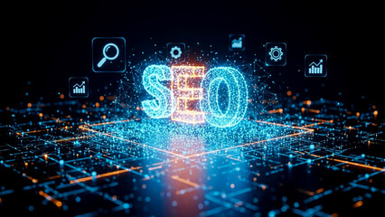 Digital glowing neon seo text with magnifying glass and data charts icons on a futuristic abstract network