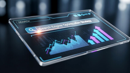 Digital holographic interface displaying search engine optimization strategy with upward trending graphs