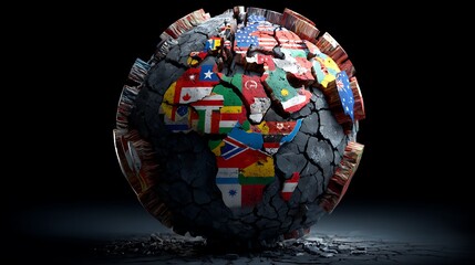 A globe shattered, displaying flags of various nations amidst the fractured earth