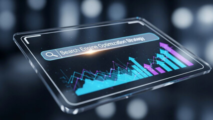 Digital tablet displaying search engine optimization strategy with rising bar graphs and arrows indicating growth