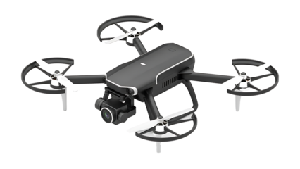 A sleek drone with four rotors and a camera on transparent background