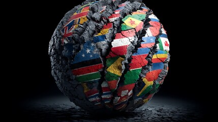 Fractured world sphere with international flags, representing global division