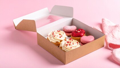 Bakery box with Valentine pastries, open lid, pastel background, cozy mood
