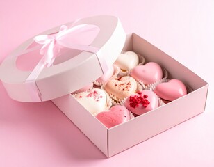 Bakery box with Valentine pastries, open lid, pastel background, cozy mood