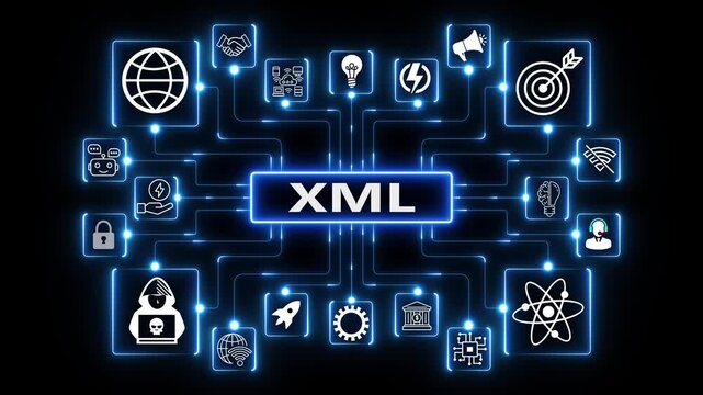XML Data Structure Network Connections and Icons on 4K black background visuals