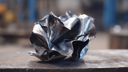 Close-up of a meticulously crafted, distorted metallic sphere sculpture on a work table