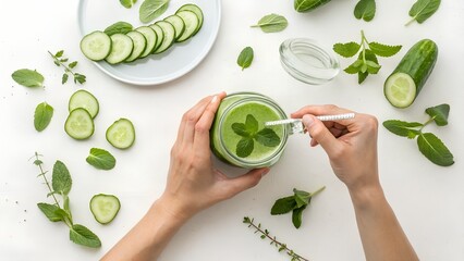 Top view of hands adding fresh mint leaves into a glass jar with cucumber slices and green juice, clean white table, minimal flat lay style, healthy lifestyle concept, no face
