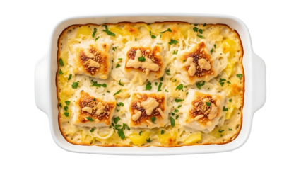 A delicious baked macaroni and cheese dish with melted cheese and herbs on transparent background