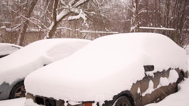 Cars Covered With Snow In A Winter Blizzard, Parking