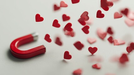 A red horseshoe magnet attracting small red and pink hearts on a white surface