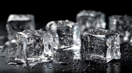 Close-up of several glistening ice cubes on a reflective black surface, water droplets present