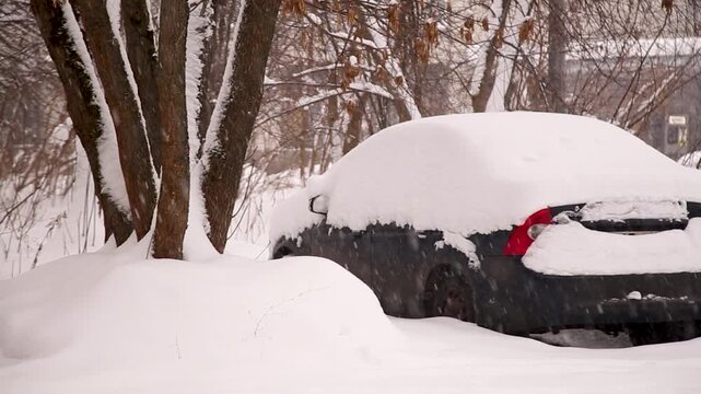 Cars Covered With Snow In A Winter Blizzard, Parking