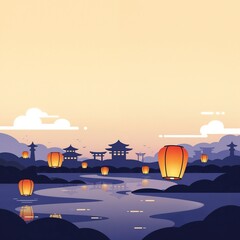 Obon greeting card with lanterns floating over river at night with copy space for text