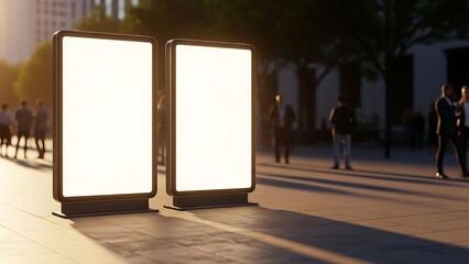 Two blank advertisement boards stand on a bustling city street at sunset with people walking in the background