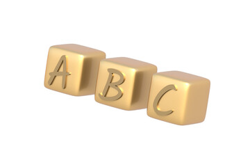 Golden ABC blocks for preschool education isolated on white background. 3d render