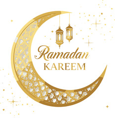 Elegant golden ramadan mubarak calligraphy with crescent moon for islamic holy month
