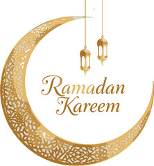 Luxurious golden Ramadan Kareem greeting featuring a patterned crescent moon with hanging lanterns and elegant typography on white.