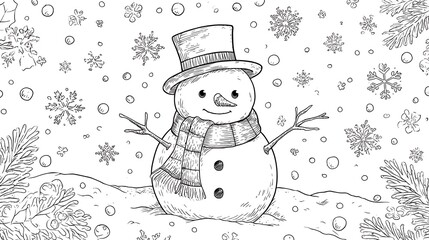 Black and white illustration of a snowman, falling snow, and winter forest elements