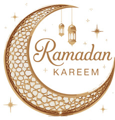 "Ramadan Kareem Greeting Card with Golden Ornate Crescent Moon, Lanterns, and Decorative