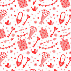 Valentine Romance Seamless Pattern with Hearts and Wedding Love Elements Vector