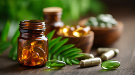 Natural wellness products on display visualization, health supplement arrangement, organic treatment concept, alternative medicine representation, holistic healthcare aesthetic, nu