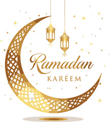 Elegant Golden Crescent Moon and Stars with Festive Lanterns - A Beautiful Vector Illustration for Ramadan Kareem Greetings and Islamic Celebrations
