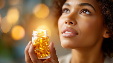 Faceless African woman taking beauty supplements, glowing skin visualization, wellness enhancement concept, cosmetic health representation, nutritional beauty aesthetic, dietary im