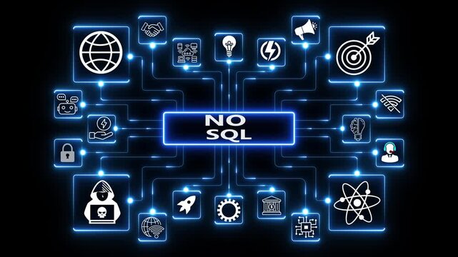 NoSQL database network animation with connected technology icons, glowing data nodes and distributed data system workflow visualization on dark background
