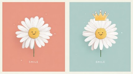 Charming daisy illustrations, one with crown, offering cheerful smiles on pastel backgrounds
