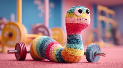 Animated worm character, colorful, lifting weights in a gym setting, fitness, and playful