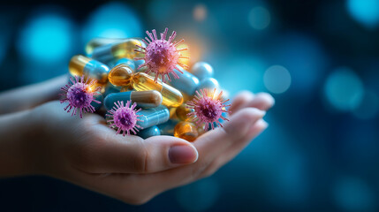 Tablets biologically active supplements in hand, close-up display visualization, virus cold cough bacterial, prevention treatment concept, medication representation, healthcare int