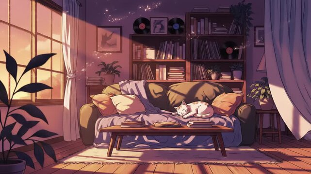 A serene pixel art living room bathed in the warm, golden light of sunset. A cat naps peacefully on a cushioned sofa, surrounded by books and plants.