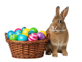 Rabbit with easter basket isolated on transparent background