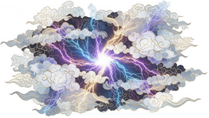 Electric storm with lightning bolts and chinese clouds, symbolizing raw power and celestial phenomena