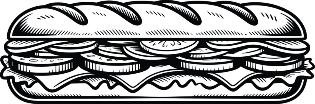 Classic Sub Sandwich Line Art Illustration, Black and White Deli Food Vector.
