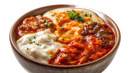 A delicious bowl of hummus with meatballs and herbs on transparent background