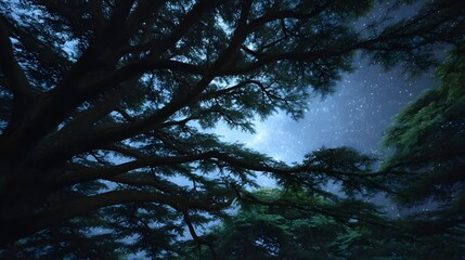 Looking up through dark tree branches at a vast starry night sky