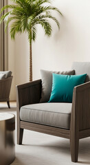 Fototapeta premium Interior scene featuring armchair with blue cushion and a palm tree, suggesting tropical design, comfort, and relaxation, perfect for home decor concepts