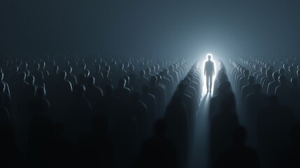 Leading illuminated figure facing challenging future. Illuminated man standing out from dark crowd, representing leadership and a new path