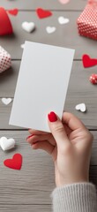 Obraz premium Woman's hand holding blank vertical card for Valentine's Day. Woman's hand holding white blank greeting card mockup with scattered red hearts
